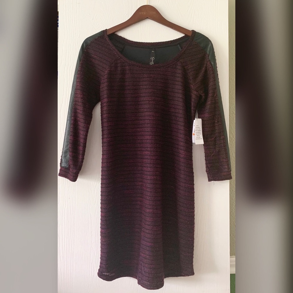 Burgundy sweater dress with leather strips on arms